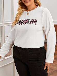 SHEIN Frenchy Plus Floral Print Embroidery Letter Tee - White - View 5