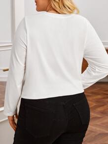 SHEIN Frenchy Plus Floral Print Embroidery Letter Tee - White - View 4