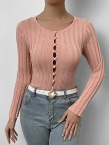 SHEIN Essnce Cut Out Ribbed Knit Jumper - Coral Pink - View 1