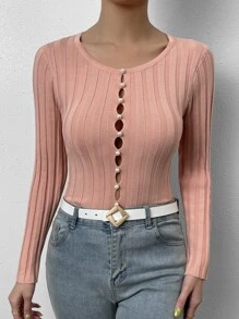 SHEIN Essnce Cut Out Ribbed Knit Jumper - Coral Pink - View 3