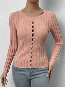 SHEIN Essnce Cut Out Ribbed Knit Jumper - Coral Pink - View 5