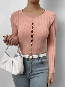 SHEIN Essnce Cut Out Ribbed Knit Jumper - Coral Pink - View 6