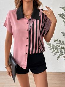 SHEIN LUNE Striped & Floral Print Batwing Sleeve Shirt - Pink - View 4