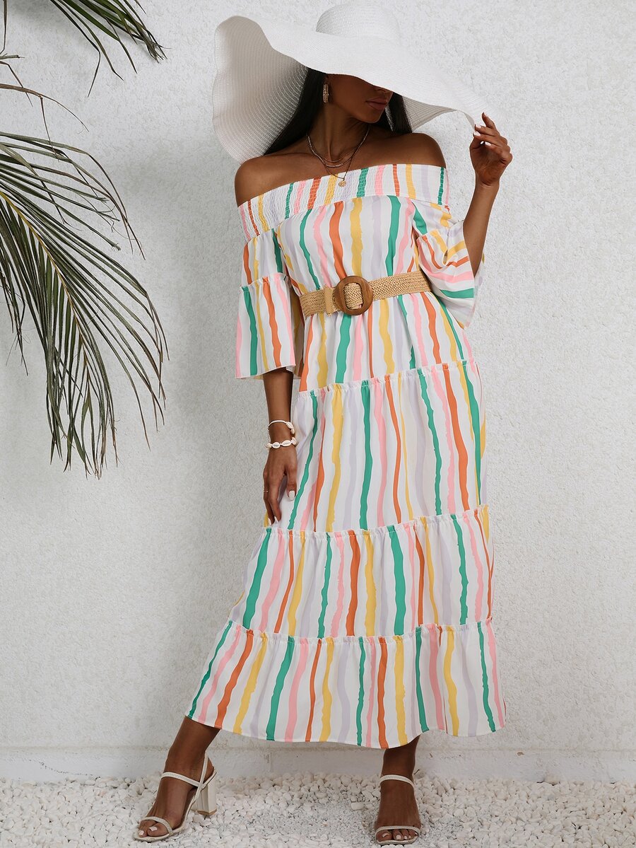 SHEIN VCAY Colourful Striped Off Shoulder Ruffle Hem Dress Without Belt - White - View 1