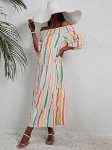 SHEIN VCAY Colourful Striped Off Shoulder Ruffle Hem Dress Without Belt - White - View 3