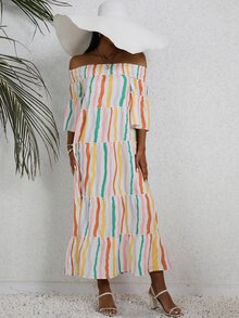SHEIN VCAY Colourful Striped Off Shoulder Ruffle Hem Dress Without Belt - White - View 4