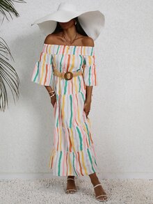 SHEIN VCAY Colourful Striped Off Shoulder Ruffle Hem Dress Without Belt - White - View 5