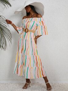 SHEIN VCAY Colourful Striped Off Shoulder Ruffle Hem Dress Without Belt - White - View 6