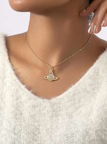 Rhinestone Planet Charm Necklace - Yellow Gold - View 1