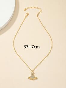 Rhinestone Planet Charm Necklace - Yellow Gold - View 3