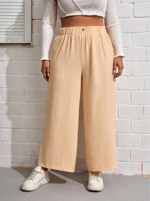 SHEIN EZwear Plus Elastic Waist Wide Leg Trousers - Apricot - View 1