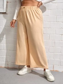 SHEIN EZwear Plus Elastic Waist Wide Leg Trousers - Apricot - View 3