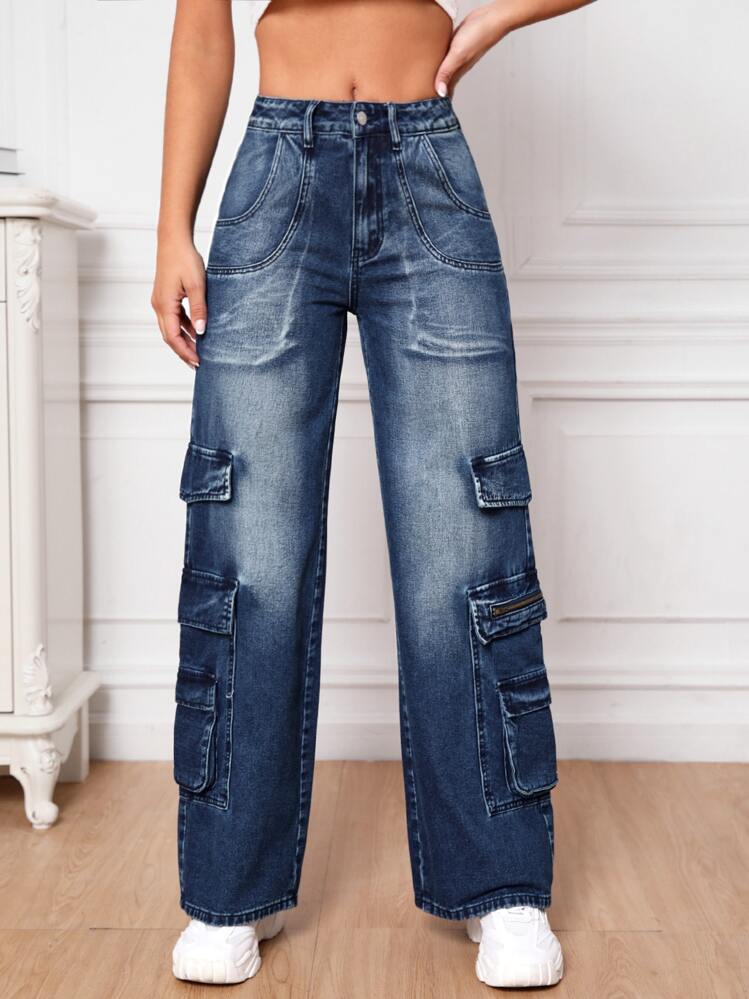 SHEIN Tall Flap Pocket Cargo Jeans - Dark Wash - View 4