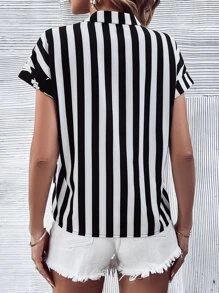 SHEIN LUNE Striped & Floral Print Notched Neck Batwing Sleeve Shirt - Black and White - View 2