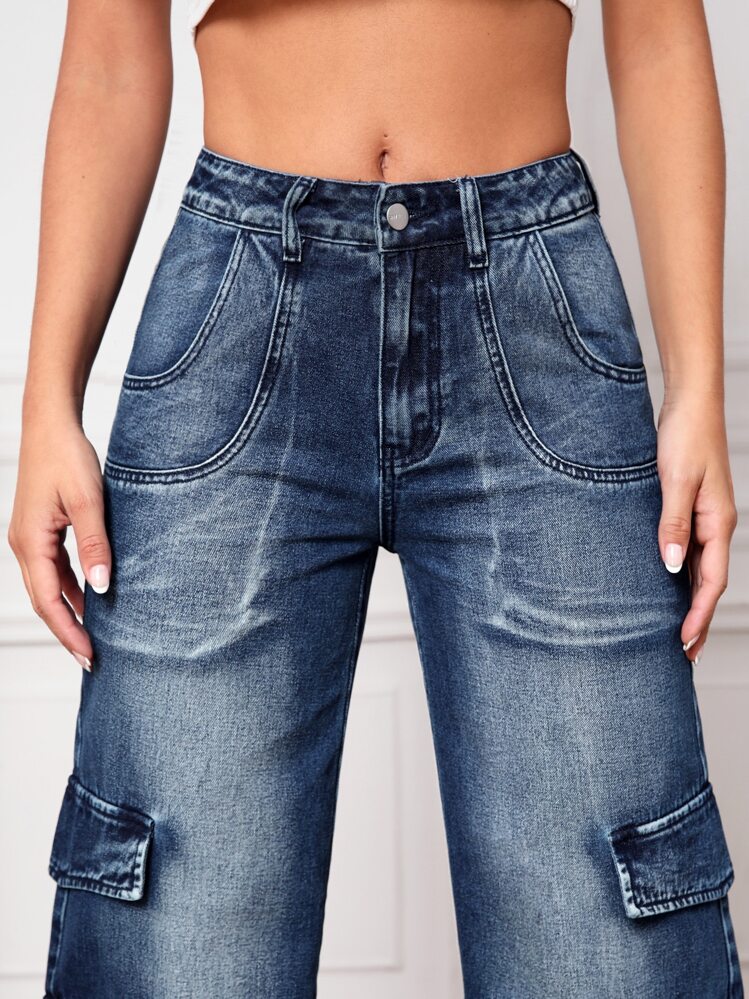SHEIN Tall Flap Pocket Cargo Jeans - Dark Wash - View 5