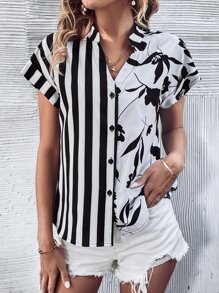 SHEIN LUNE Striped & Floral Print Notched Neck Batwing Sleeve Shirt - Black and White - View 5