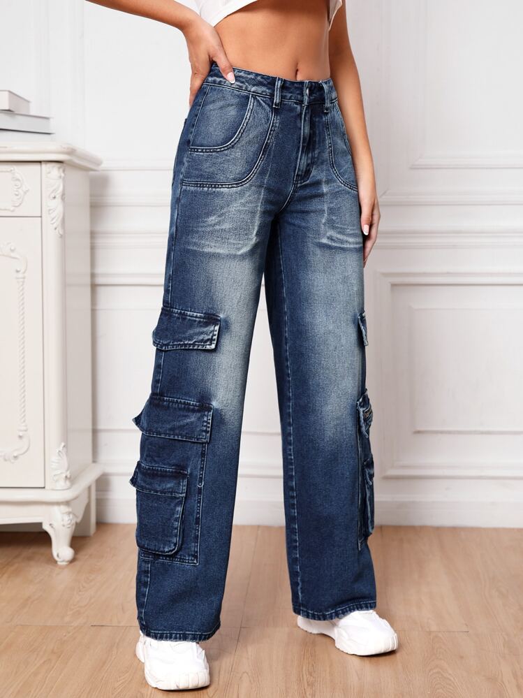 SHEIN Tall Flap Pocket Cargo Jeans - Dark Wash - View 7