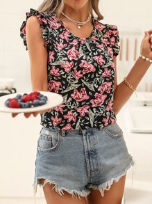 SHEIN Frenchy Floral Print Contrast Lace Tie Back Ruffle Trim Blouse - Black - View 4