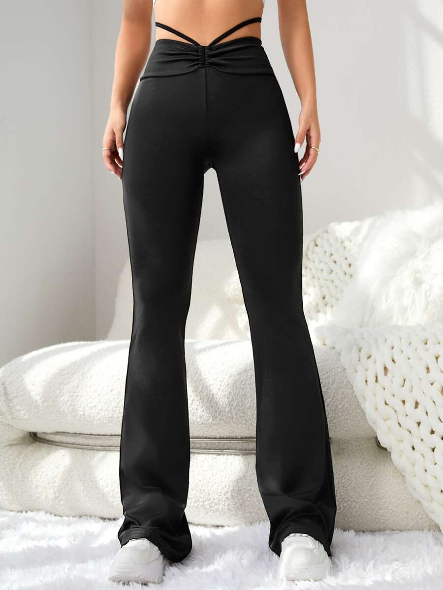 Easithlete Ruched Flare Leg Sports Trousers - Black - View 1