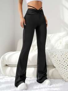 Easithlete Ruched Flare Leg Sports Trousers - Black - View 4