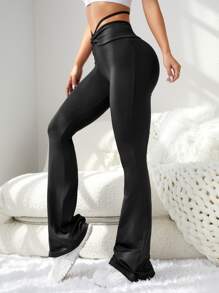 Easithlete Ruched Flare Leg Sports Trousers - Black - View 6