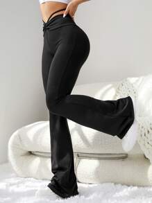Easithlete Ruched Flare Leg Sports Trousers - Black - View 7