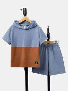 SHEIN 男孩雙色補丁細節連帽領T恤和短褲 - 霧霾藍 - 查看 1