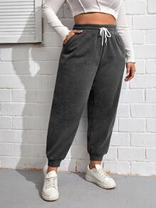 SHEIN EZwear Plus Drawstring Waist Slant Pocket Joggers - Grey - View 1