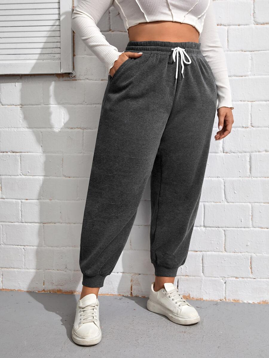 SHEIN EZwear Plus Drawstring Waist Slant Pocket Joggers - Grey - View 1