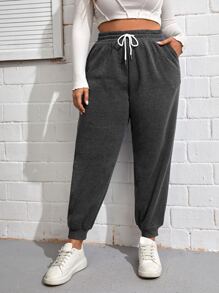 SHEIN EZwear Plus Drawstring Waist Slant Pocket Joggers - Grey - View 5