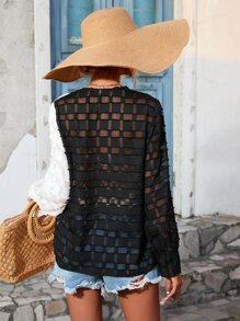 SHEIN LUNE Two Tone V Neck Blouse - Black and White - View 2