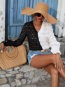 SHEIN LUNE Two Tone V Neck Blouse - Black and White - View 4