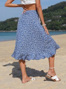 SHEIN VCAY Ditsy Floral Ruffle Trim Tie Side Wrap Skirt - Blue - View 2