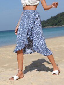 SHEIN VCAY Ditsy Floral Ruffle Trim Tie Side Wrap Skirt - Blue - View 1