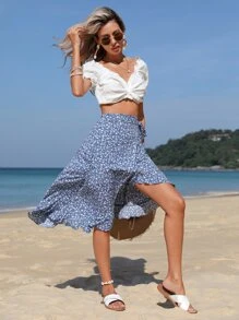 SHEIN VCAY Ditsy Floral Ruffle Trim Tie Side Wrap Skirt - Blue - View 5