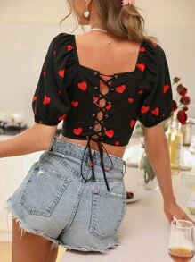 SHEIN VCAY Camisa crop con estampado de corazón de manga farol pecho con fruncido - Negro - Ver 2