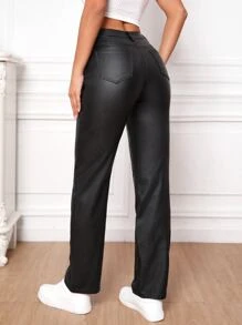 SHEIN Tall Pantalones de cintura alta y pierna recta - Negro - Ver 2