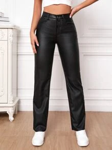 SHEIN Tall Pantalones de cintura alta y pierna recta - Negro - Ver 3
