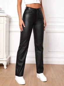 SHEIN Tall Pantalones de cintura alta y pierna recta - Negro - Ver 4
