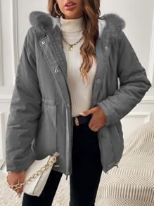 SHEIN EZwear Fuzzy Trim Slant Pocket Drawstring Waist Hooded Parka Coat - Grey - View 1