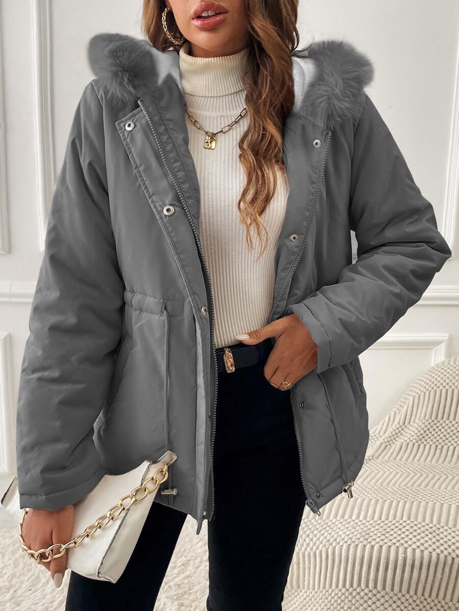 SHEIN EZwear Fuzzy Trim Slant Pocket Drawstring Waist Hooded Parka Coat - Grey - View 1