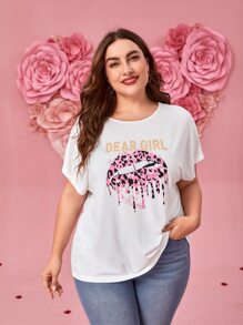 SHEIN LUNE Camiseta con estampado de labio y letra de manga murciélago - Blanco - Ver 1