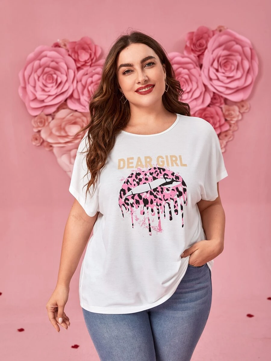 SHEIN LUNE Camiseta con estampado de labio y letra de manga murciélago - Blanco - Ver 1