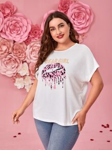 SHEIN LUNE Camiseta con estampado de labio y letra de manga murciélago - Blanco - Ver 4