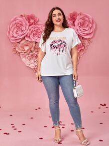 SHEIN LUNE Camiseta con estampado de labio y letra de manga murciélago - Blanco - Ver 5