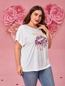 SHEIN LUNE Camiseta con estampado de labio y letra de manga murciélago - Blanco - Ver 6