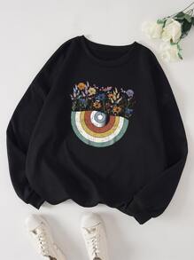 SHEIN LUNE Plus Floral Print Thermal Lined Sweatshirt - Black - View 1