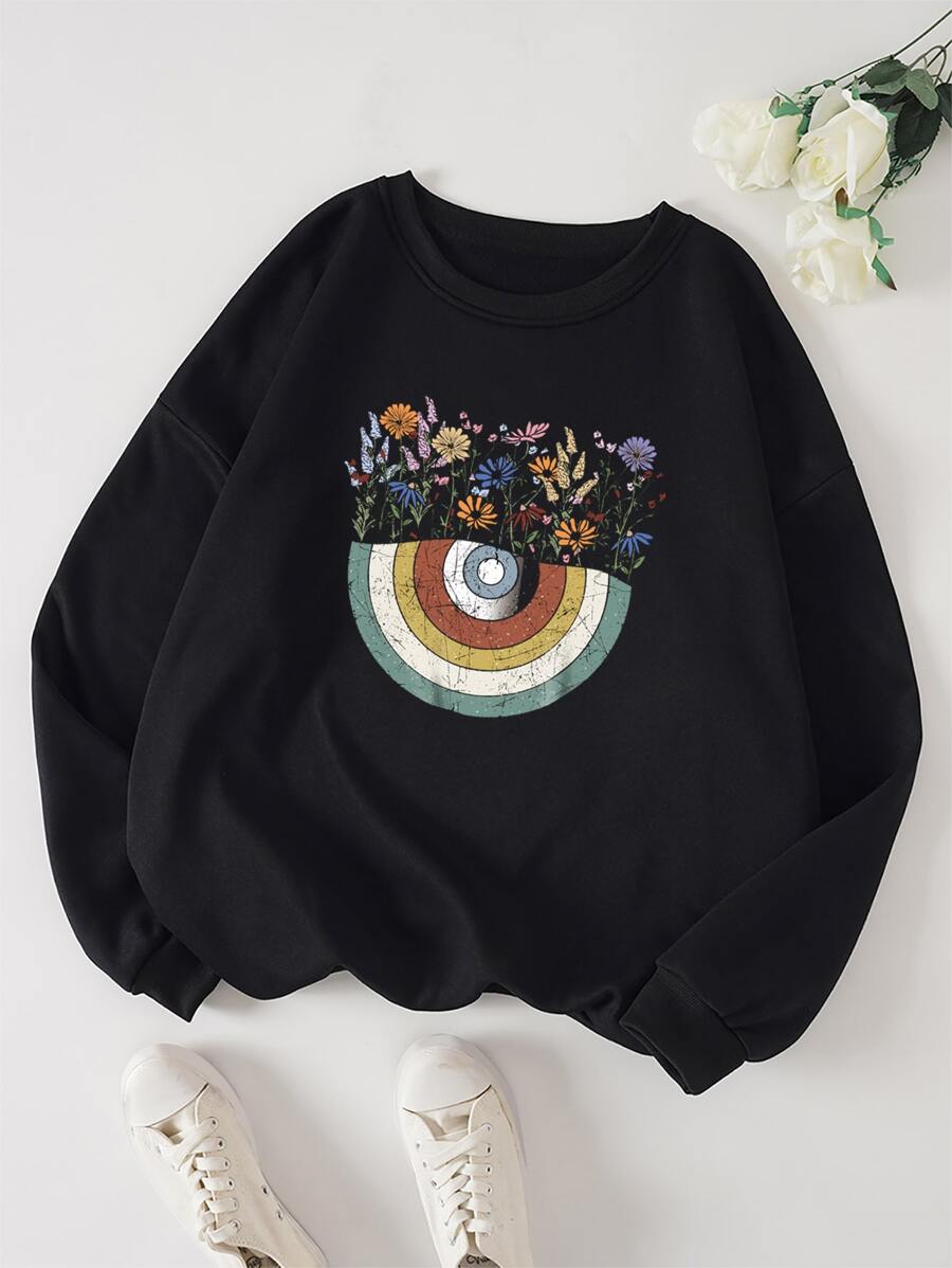 SHEIN LUNE Plus Floral Print Thermal Lined Sweatshirt - Black - View 1