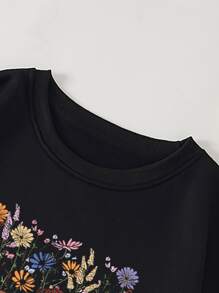 SHEIN LUNE Plus Floral Print Thermal Lined Sweatshirt - Black - View 3