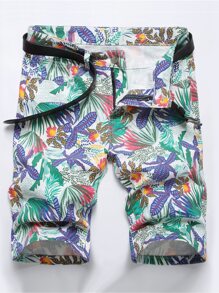 Men All Over Print Denim Shorts Without Belt - Multicolor - View 1
